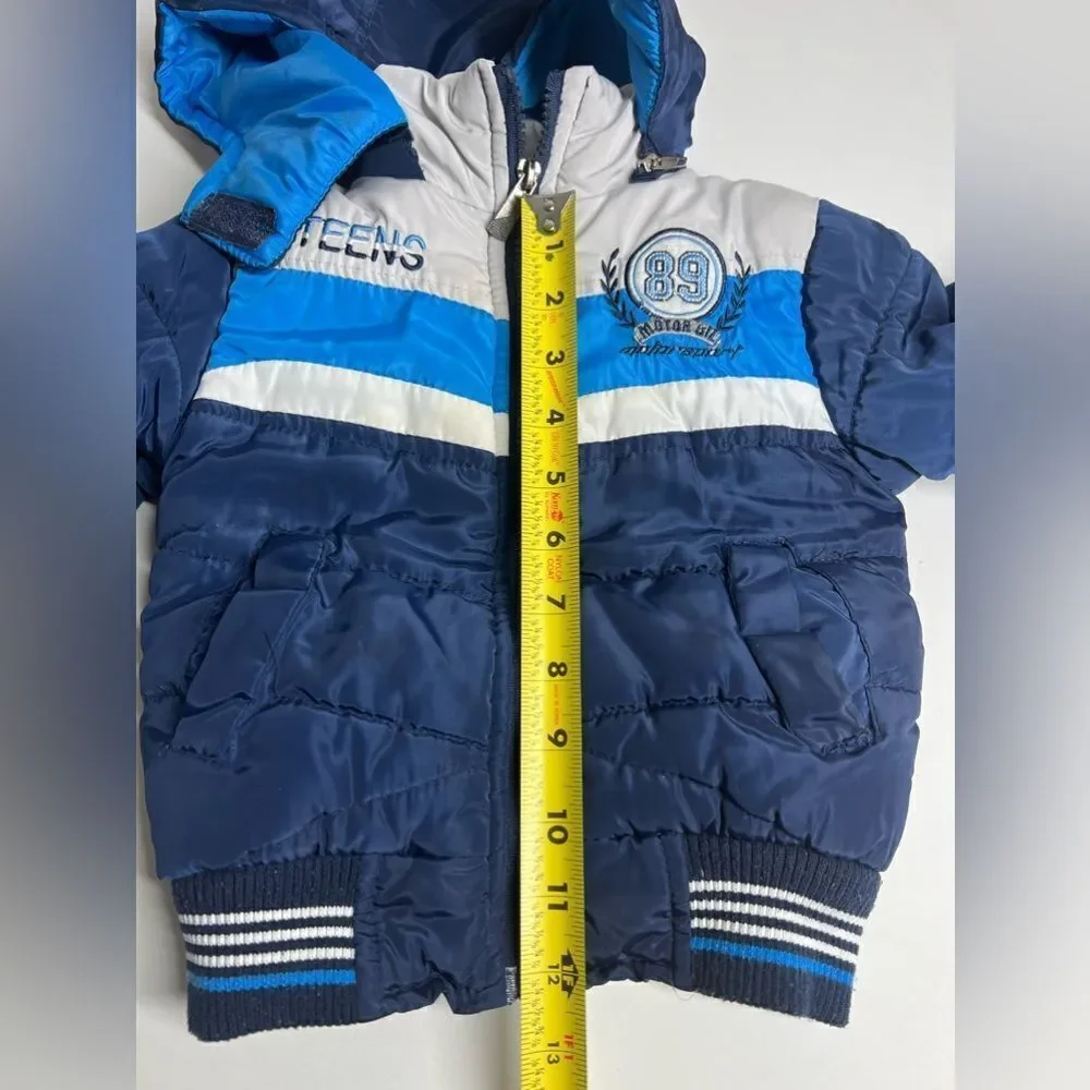 L & Y Hooded Bomber Coat Jacket Toddler Boys Size 2 Blue White Puffy
